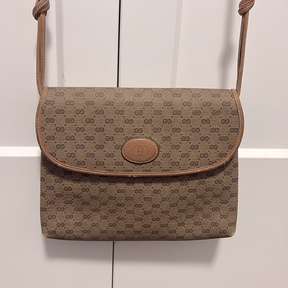 [Gucci] Vintage Interlocking GG Neutral Brown/Tan Long Knot Strap Handbag Purse - Picture 5 of 16